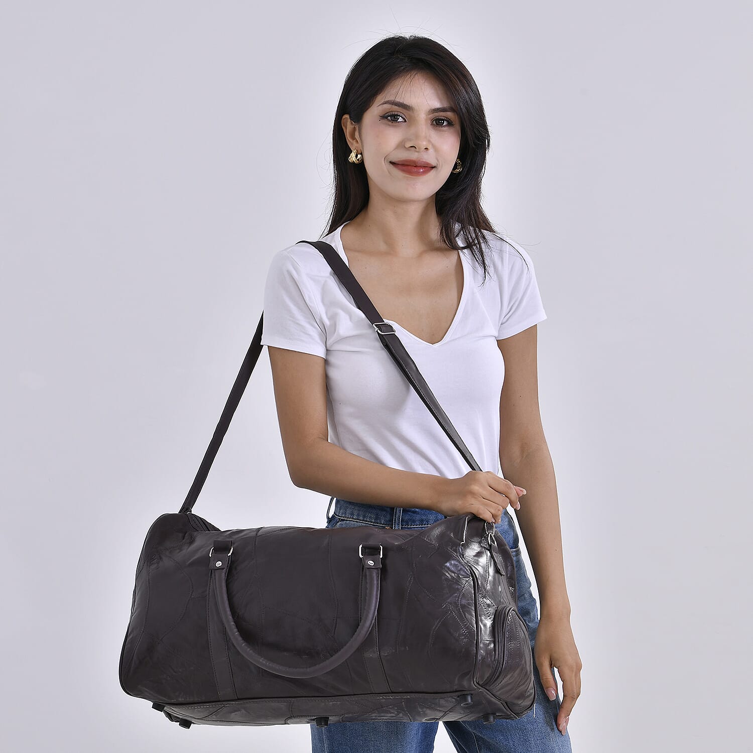 100% Genuine Leather Travel Duffle Bag (Size 51x23x28 cm) - Dark Brown & Black