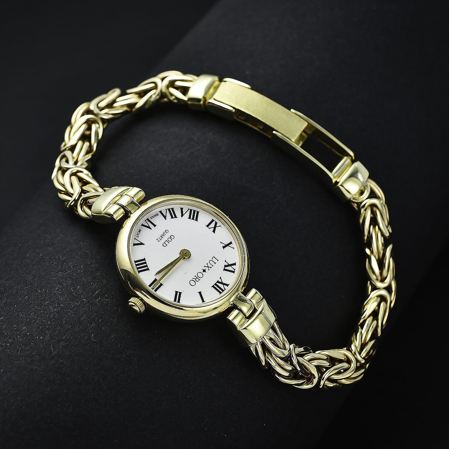 9K Yellow Gold Swiss Quartz Movt. Byzantine Gold Watch Gold Wt.21.06 grams