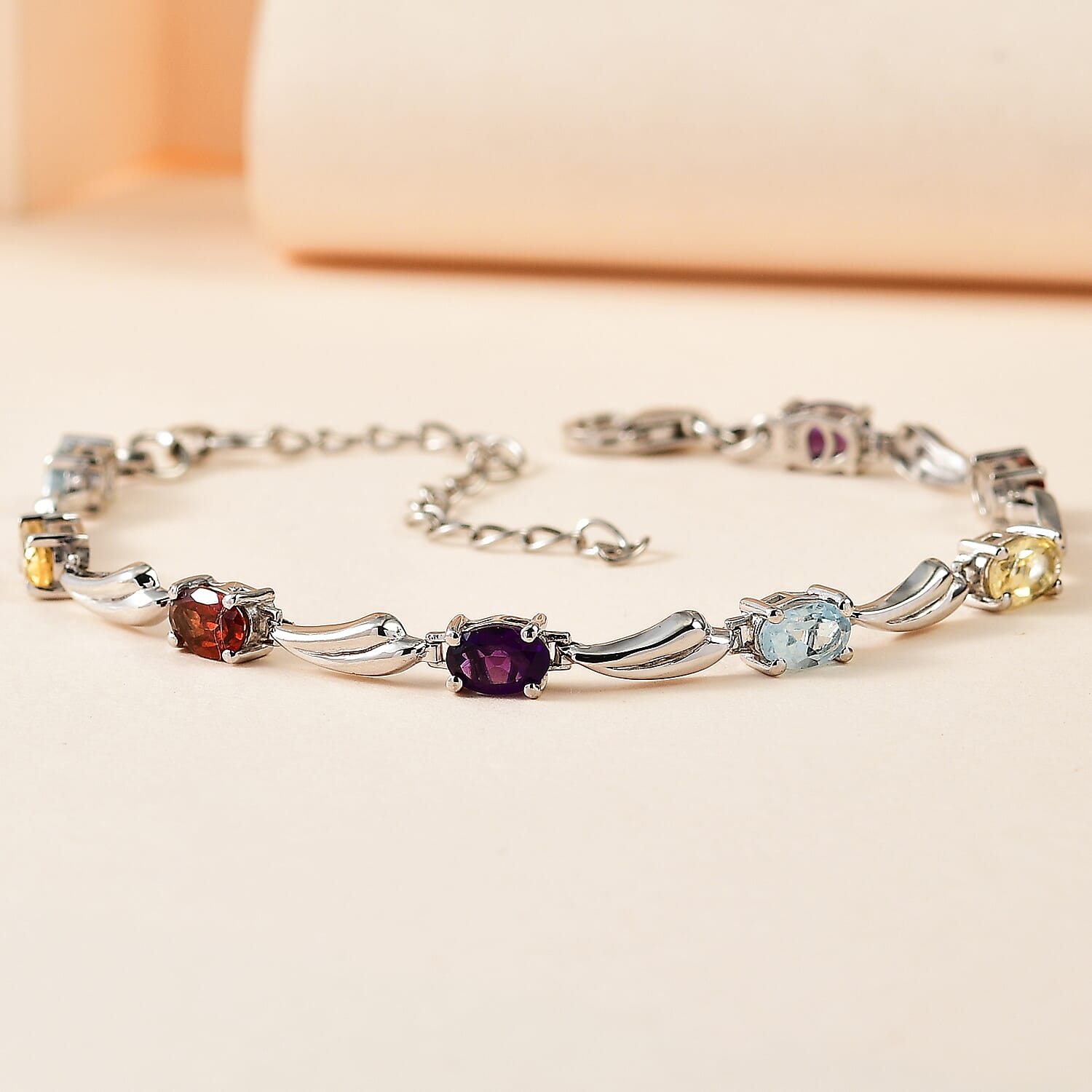 Citrine & Multi Gemstone Bracelet (Size - 6.5-2 Inch Ext.) in Platinum Overlay Sterling Silver 3.70 Ct.