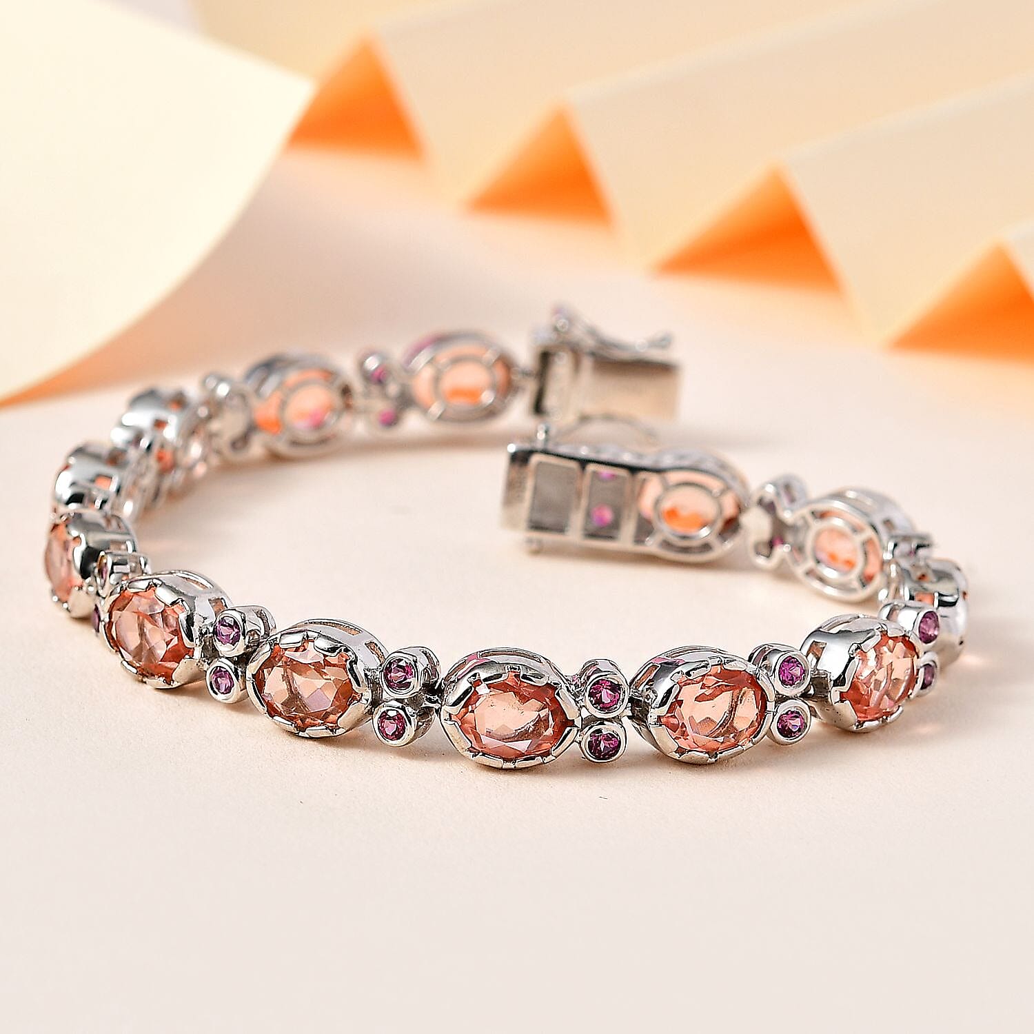 Morganite Colour Quartz & Lotus Garnet Bracelet (Size 8) in Platinum Overlay Sterling Silver 24.80 Ct, Silver Wt 18.60 Gms.