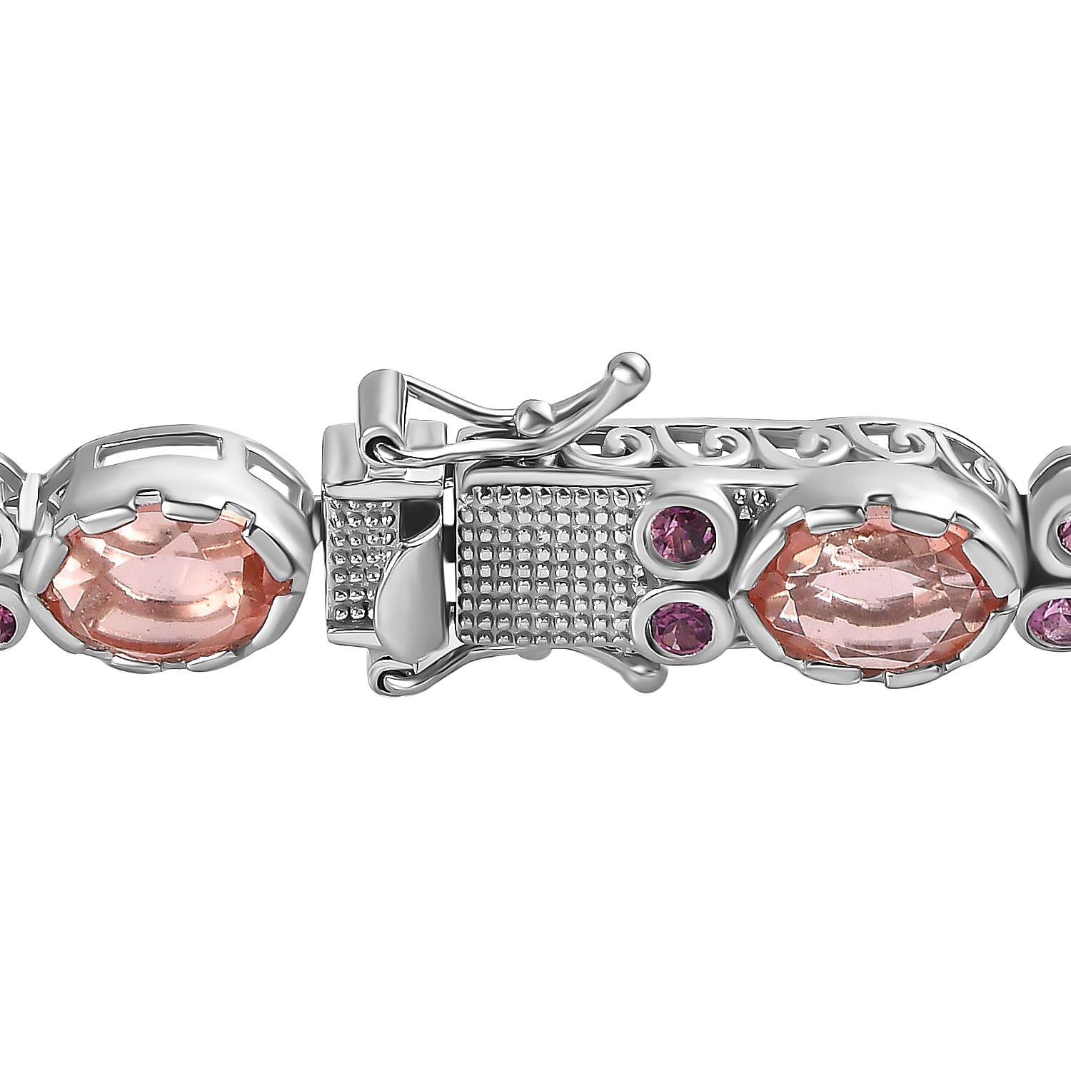 Morganite Colour Quartz & Lotus Garnet Bracelet (Size 8) in Platinum Overlay Sterling Silver 24.80 Ct, Silver Wt 18.60 Gms.