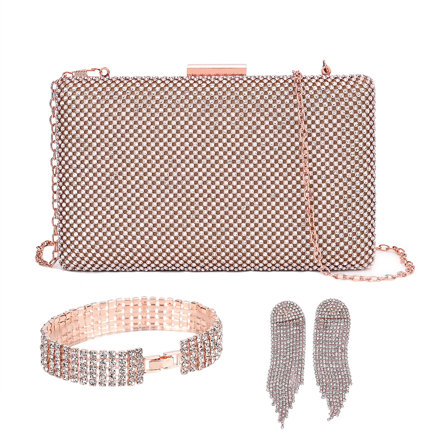 3 Pieces Crystal Accessory Set - Crystal Patterned Clutch, Sparkling Bracelet and Dangling Earrings