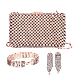 3 Piece Set Crystal Clutch Bag with Long Chain Strap (inc. Bracelet & Earrings) - Golden