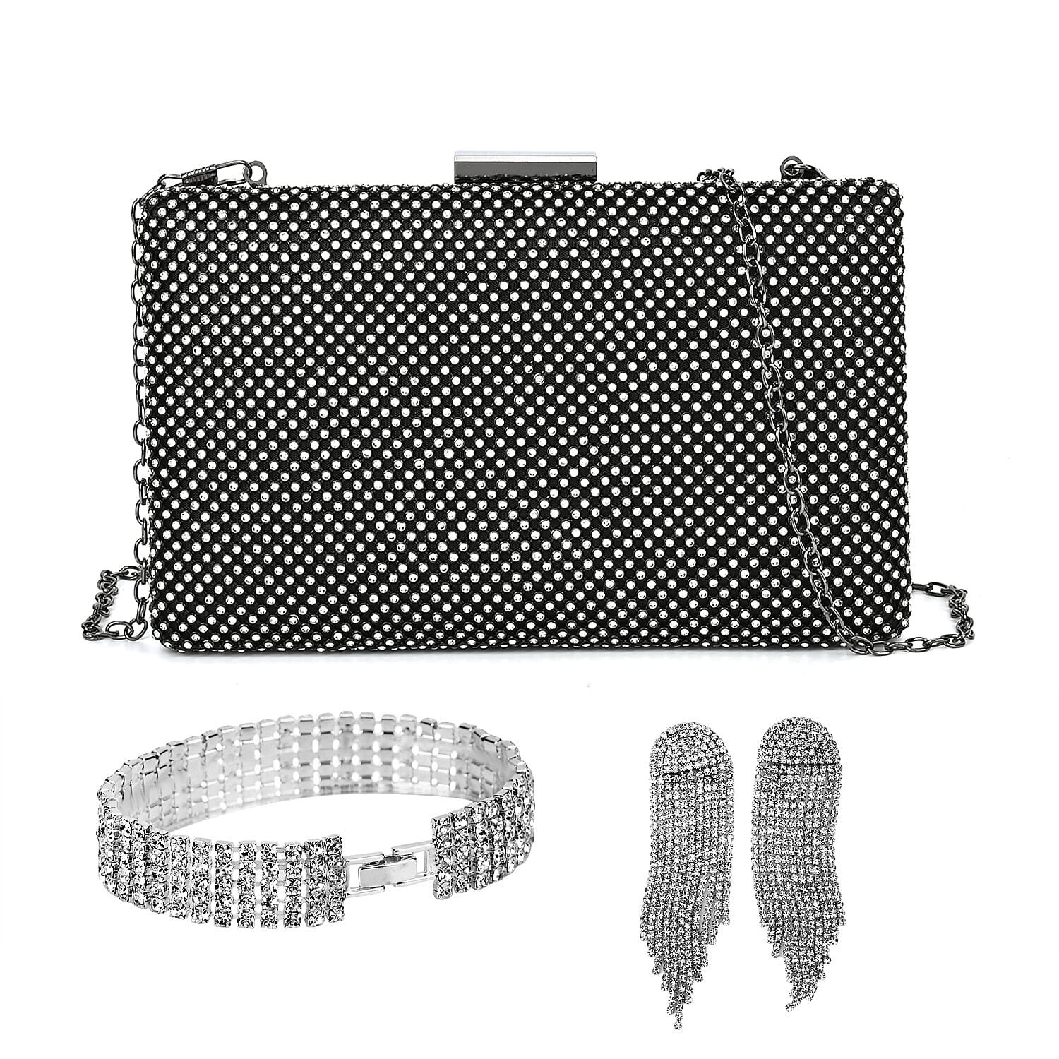 3 Pieces Crystal Accessory Set - Crystal Patterned Clutch, Sparkling Bracelet and Dangling Earrings (Size 21x11x1 cm) - Black