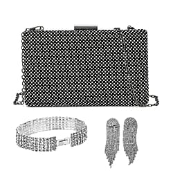3 Piece Set Crystal Clutch Bag with Long Chain Strap (inc. Bracelet & Earrings) - Golden