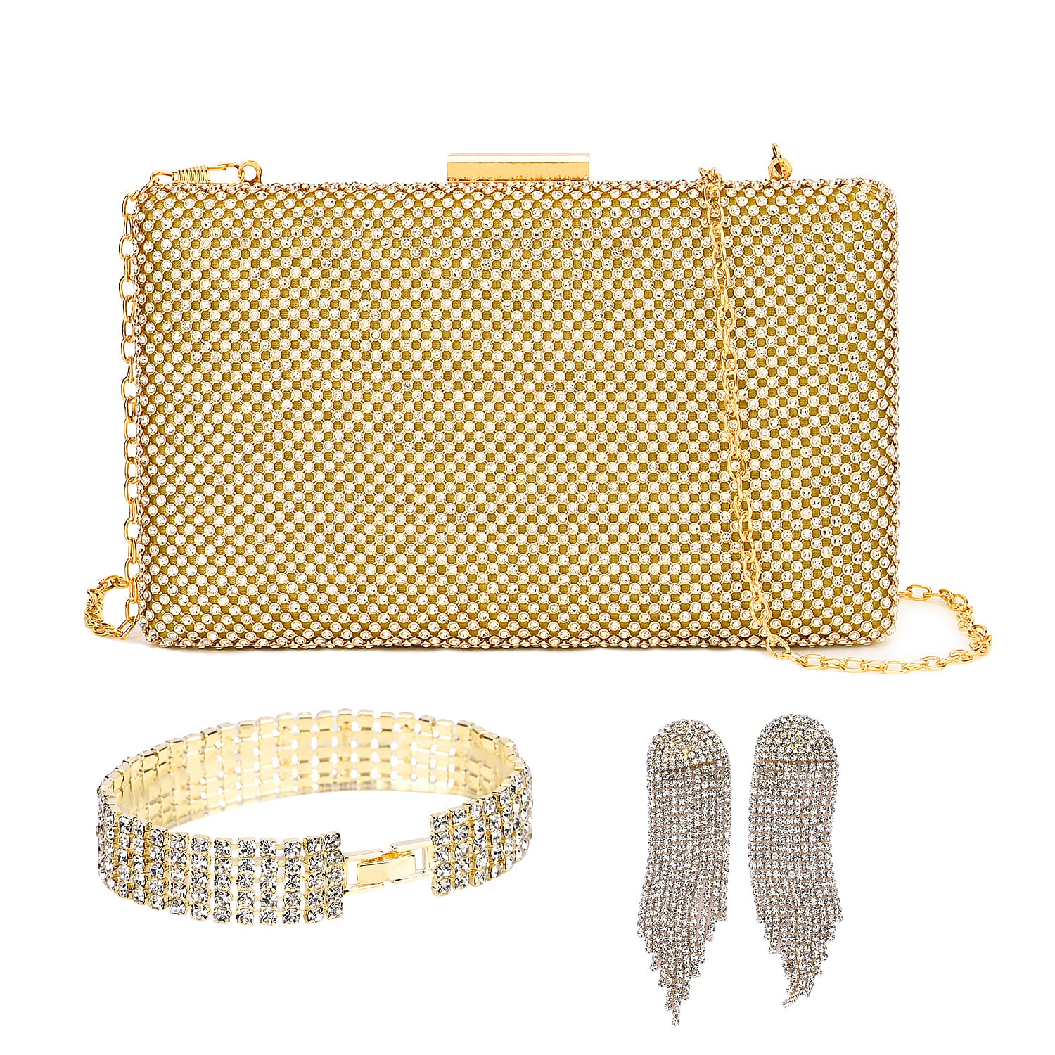 3 Pieces Crystal Accessory Set - Crystal Patterned Clutch, Sparkling Bracelet and Dangling Earrings (Size 21x11x1 cm) - Golden