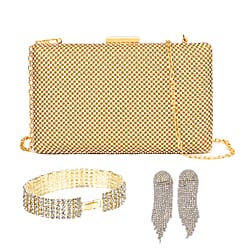 3 Piece Set Crystal Clutch Bag with Long Chain Strap (inc. Bracelet & Earrings) - Golden