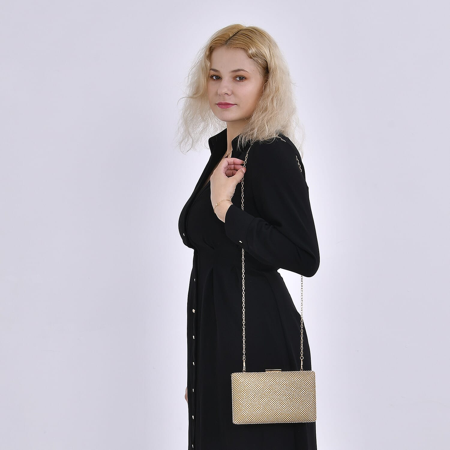 3 Pieces Crystal Accessory Set - Crystal Patterned Clutch, Sparkling Bracelet and Dangling Earrings (Size 21x11x1 cm) - Golden