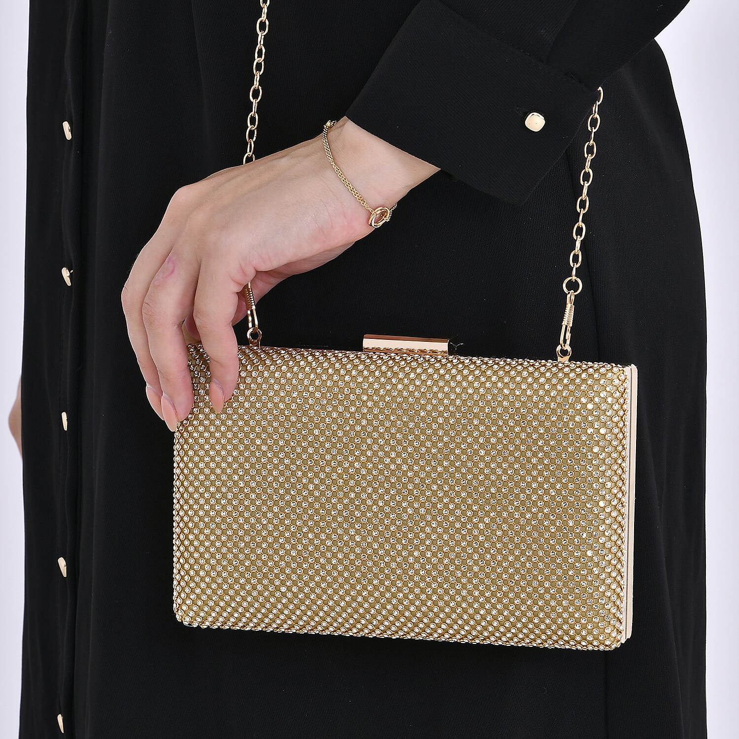 3 Pieces Crystal Accessory Set - Crystal Patterned Clutch, Sparkling Bracelet and Dangling Earrings (Size 21x11x1 cm) - Golden