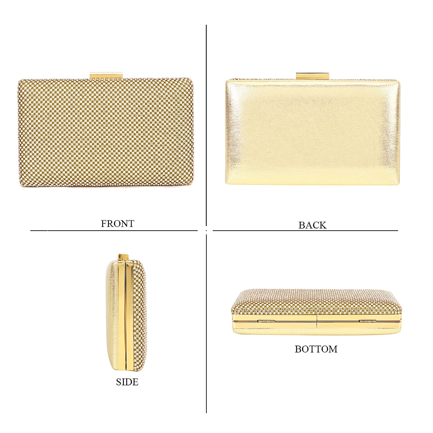 3 Pieces Crystal Accessory Set - Crystal Patterned Clutch, Sparkling Bracelet and Dangling Earrings (Size 21x11x1 cm) - Golden