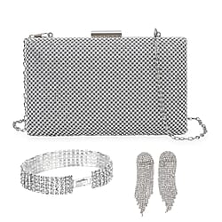 3 Piece Set Crystal Clutch Bag with Long Chain Strap (inc. Bracelet & Earrings) - Golden