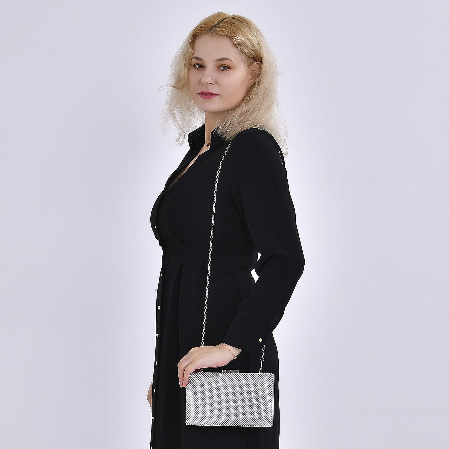 3 Pieces Crystal Accessory Set - Crystal Patterned Clutch, Sparkling Bracelet and Dangling Earrings (Size 21x11x1 cm) - Silver