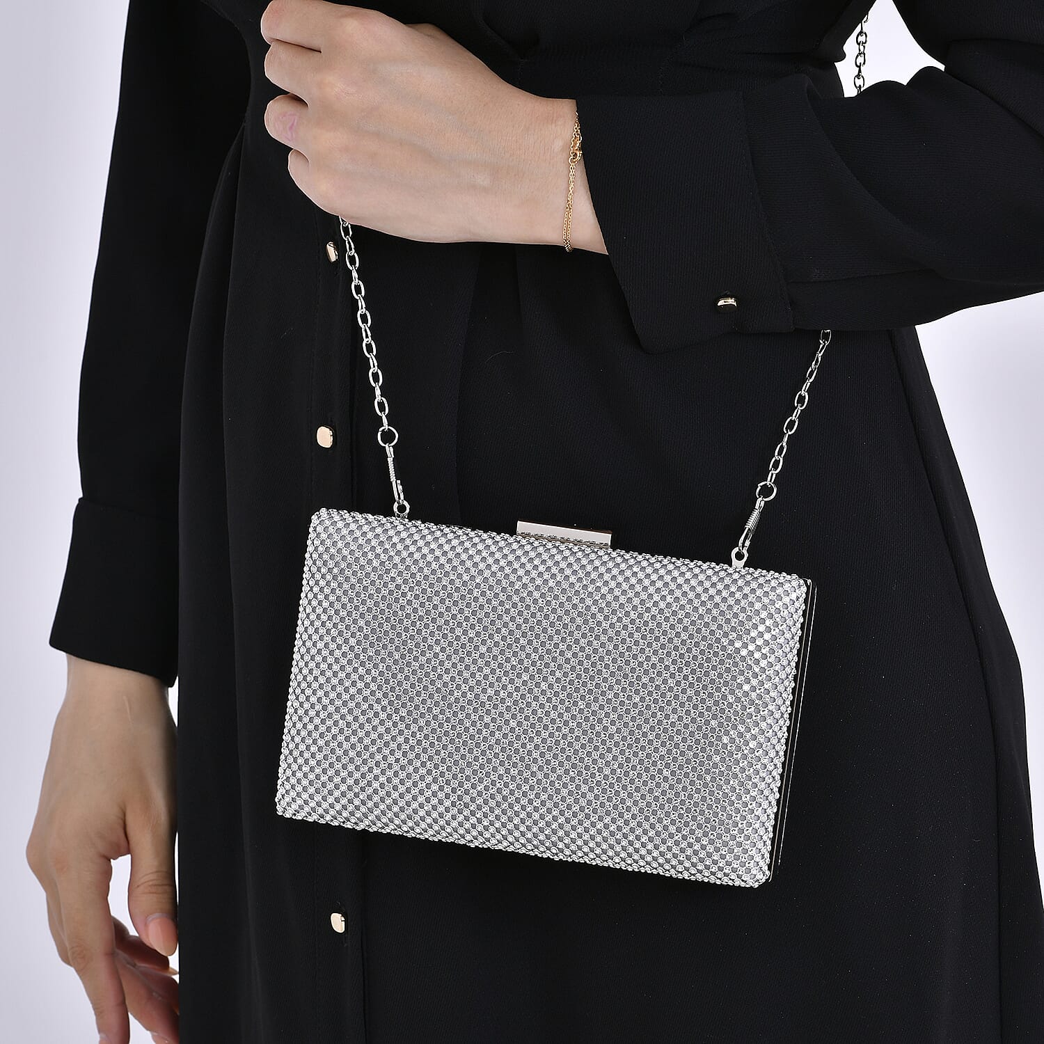 3 Pieces Crystal Accessory Set - Crystal Patterned Clutch, Sparkling Bracelet and Dangling Earrings (Size 21x11x1 cm) - Silver