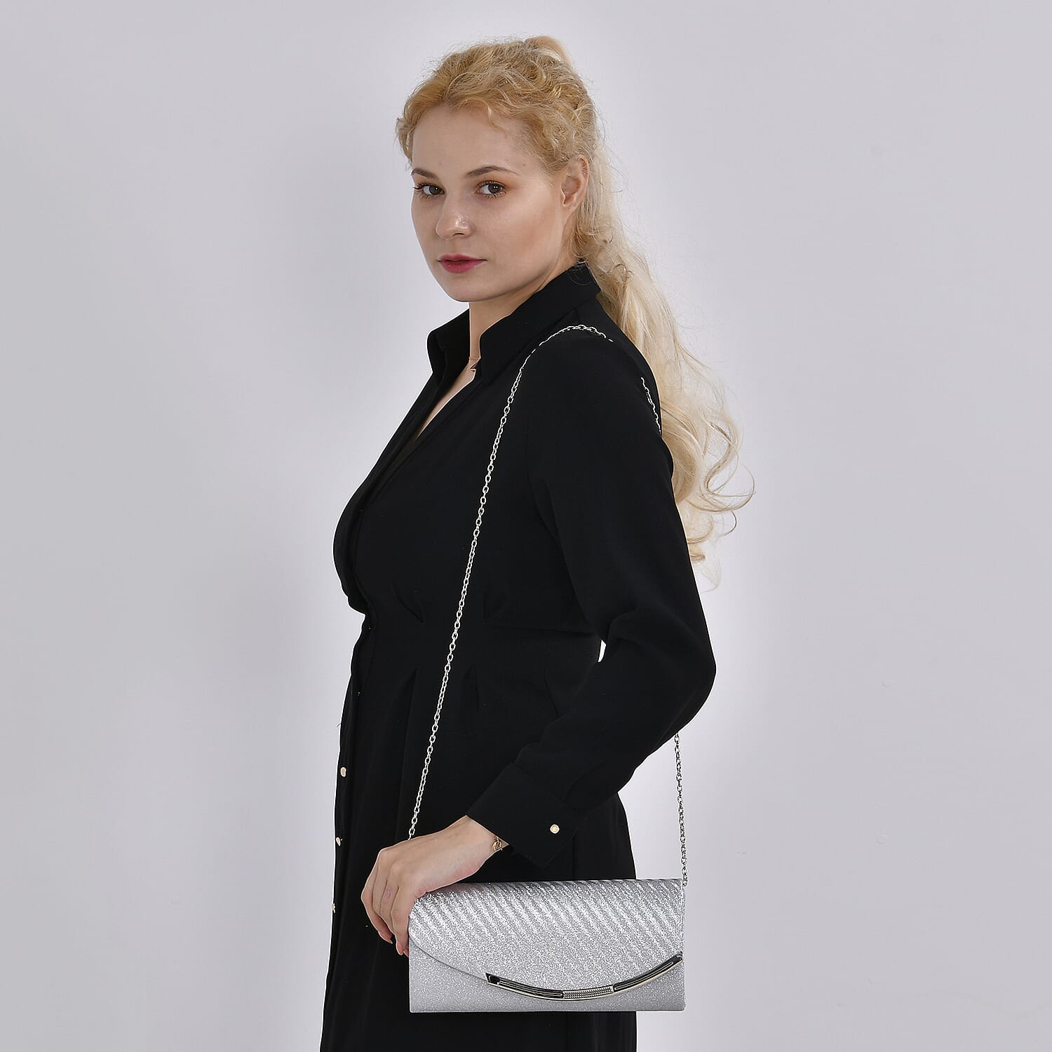 Crystal Patterned Clutch (Size 21x11x1 cm) - Silver & Gold