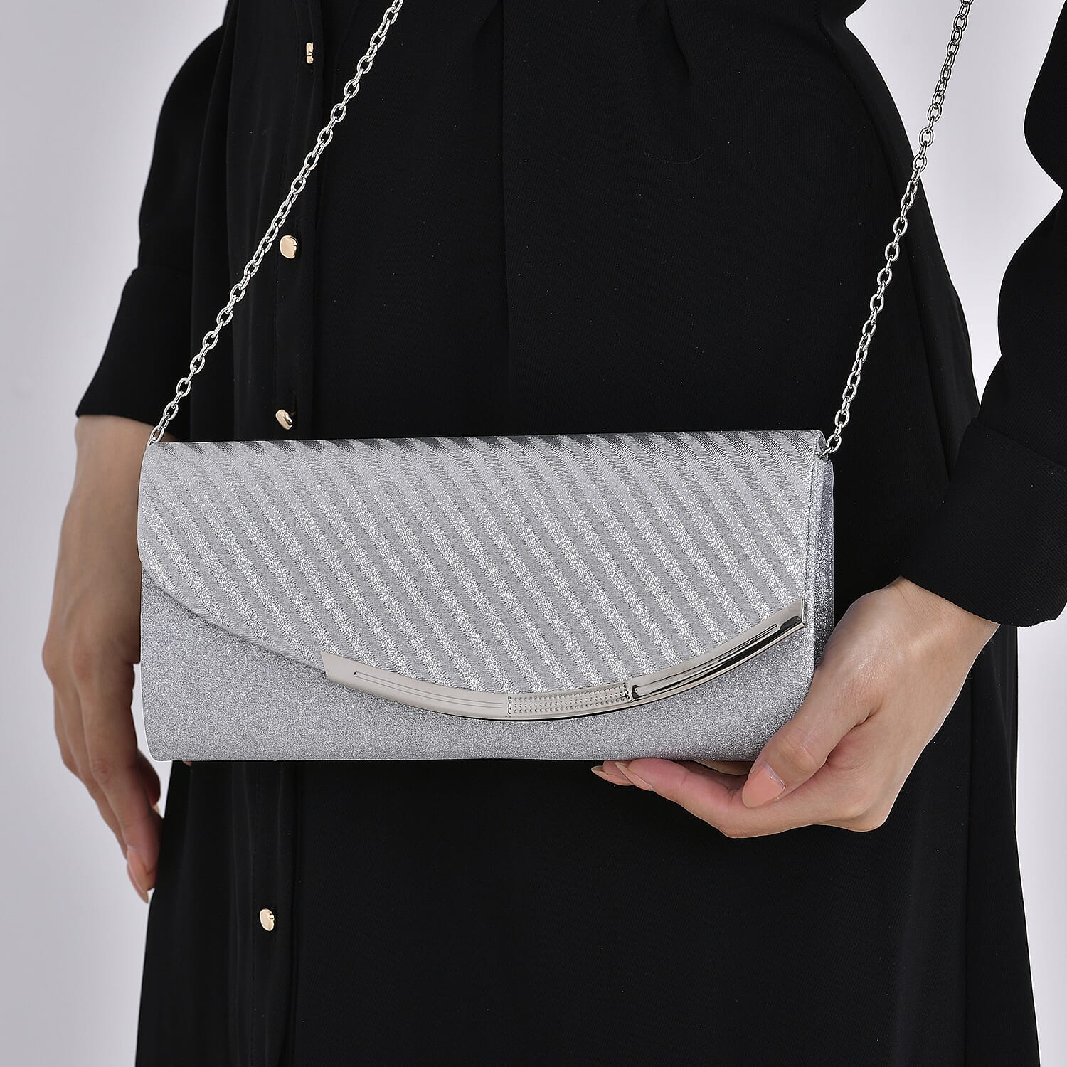 Crystal Patterned Clutch (Size 21x11x1 cm) - Silver & Gold