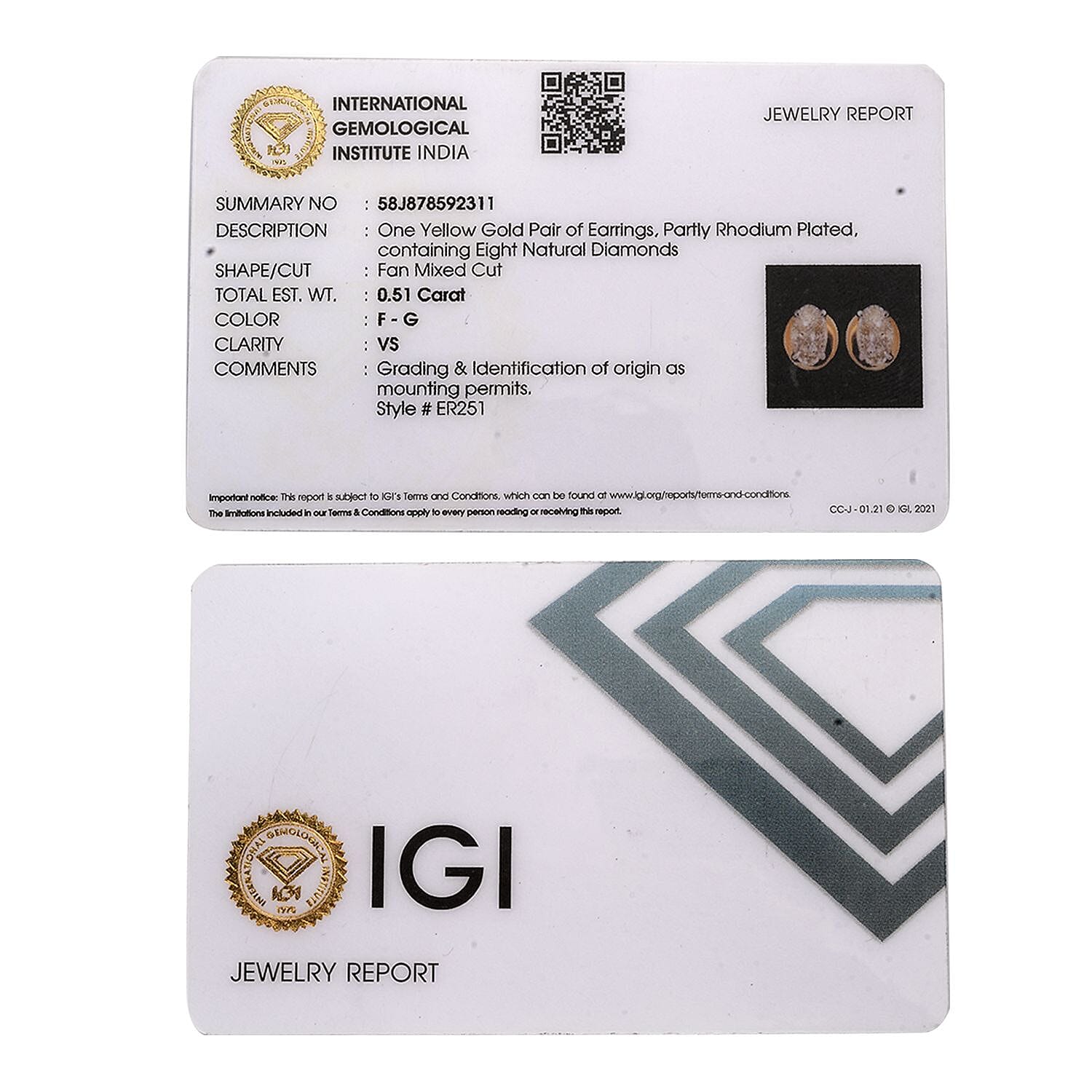 18K Yellow Gold  VS   White Diamond  VS Earring 0.50 ct,  Gold Wt. 2 Gms  0.500  Ct.