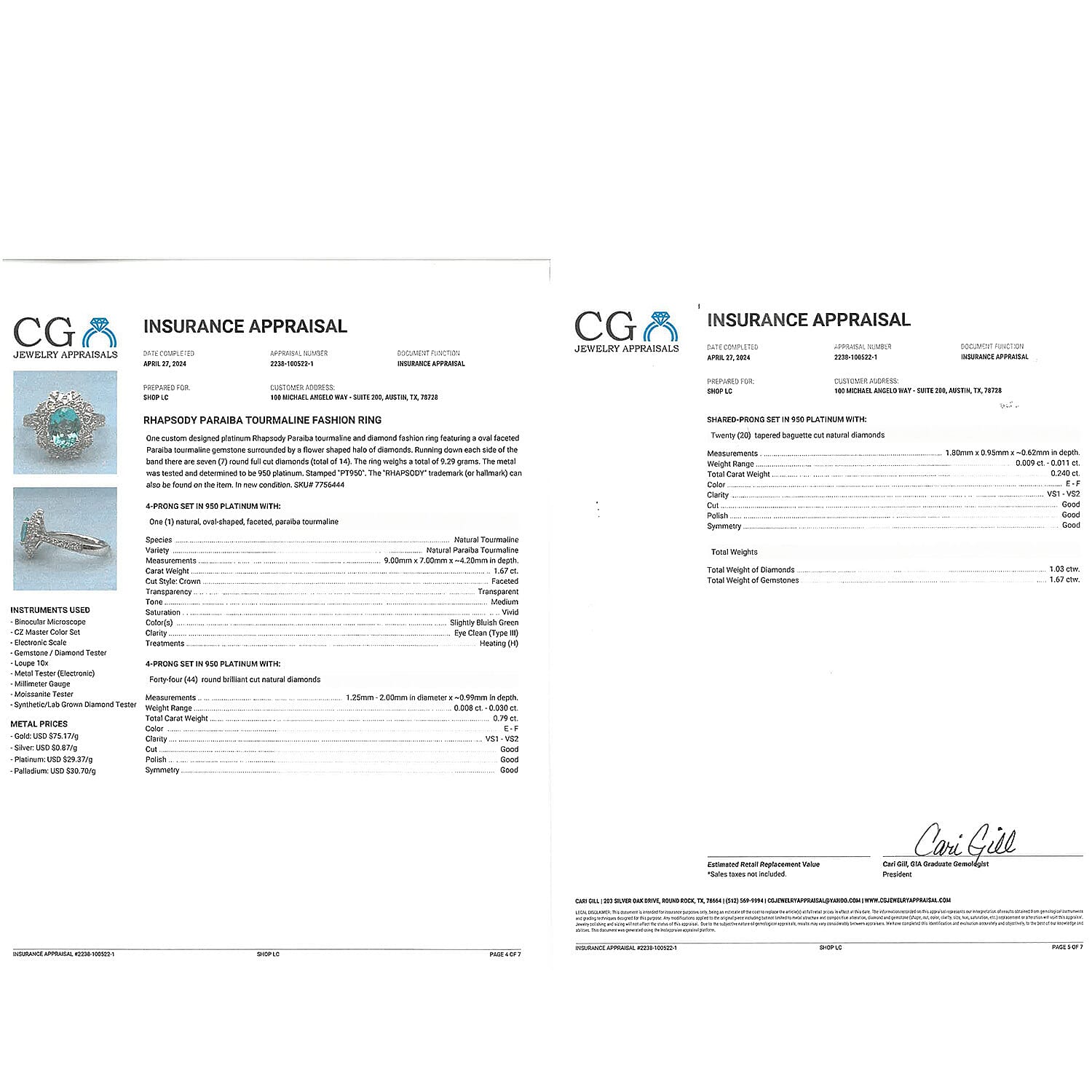 Certified and Appraised RHAPSODY 950 Platinum AAAA Paraiba Tourmaline and Diamond Ring 2.70 Ct
