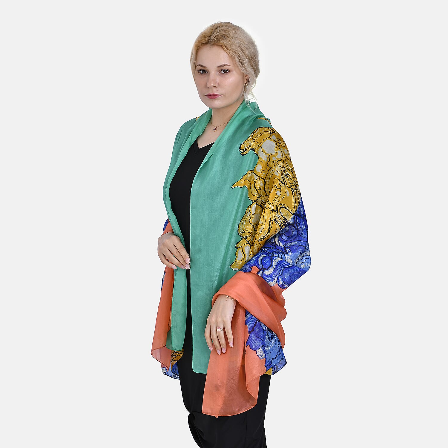 La Marey 100% Mulberry Silk Printed Chiffon Scarf (Size 180x110cm) - Green & Yellow