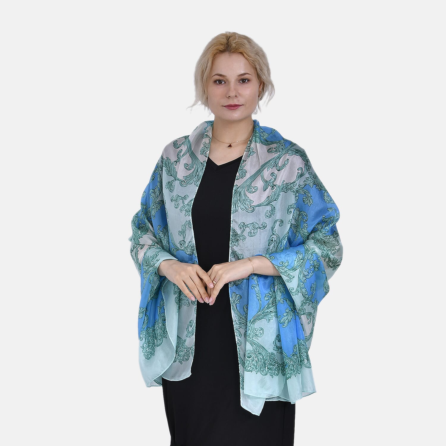 La Marey 100% Mulberry Printed Chiffon Scarf (Size 180x110cm) - White & Blue