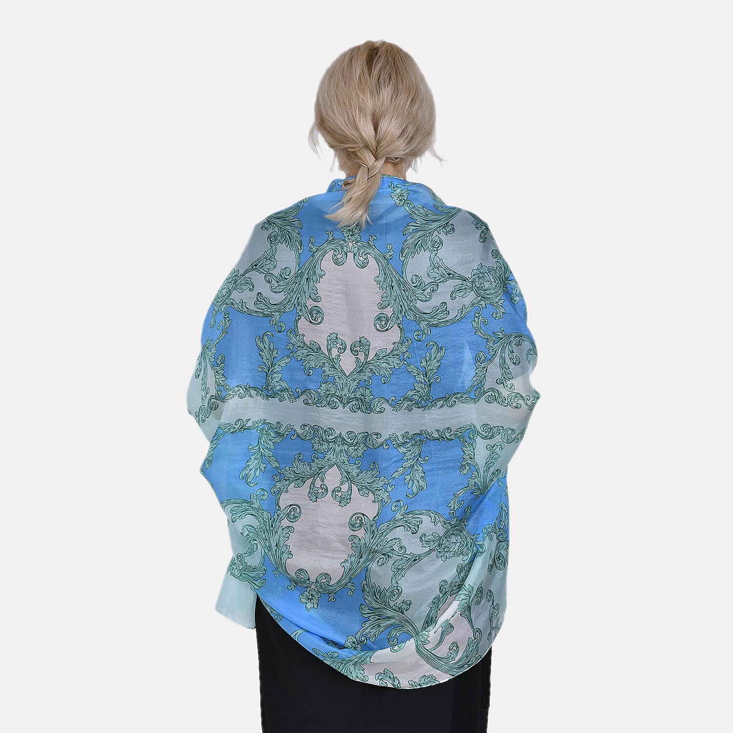 La Marey 100% Mulberry Printed Chiffon Scarf (Size 180x110cm) - White & Blue