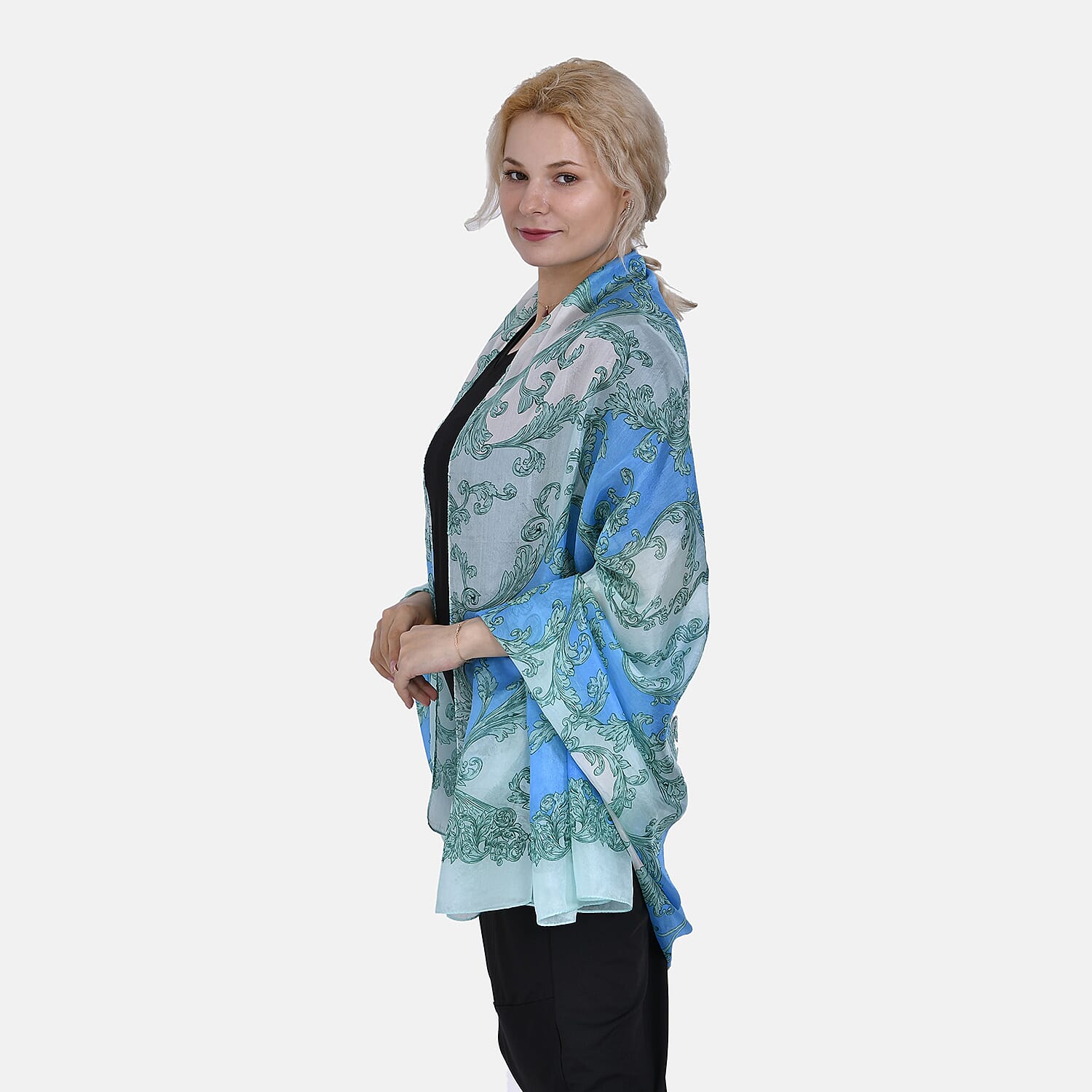 La Marey 100% Mulberry Printed Chiffon Scarf (Size 180x110cm) - White & Blue