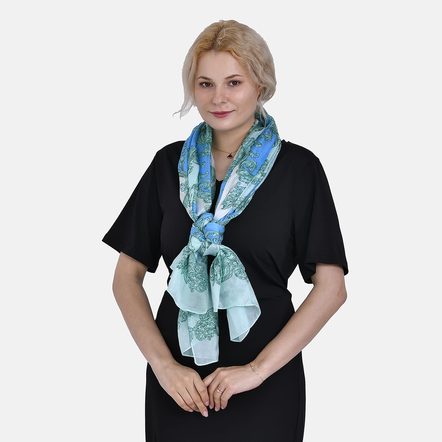 La Marey 100% Mulberry Printed Chiffon Scarf (Size 180x110cm) - White & Blue