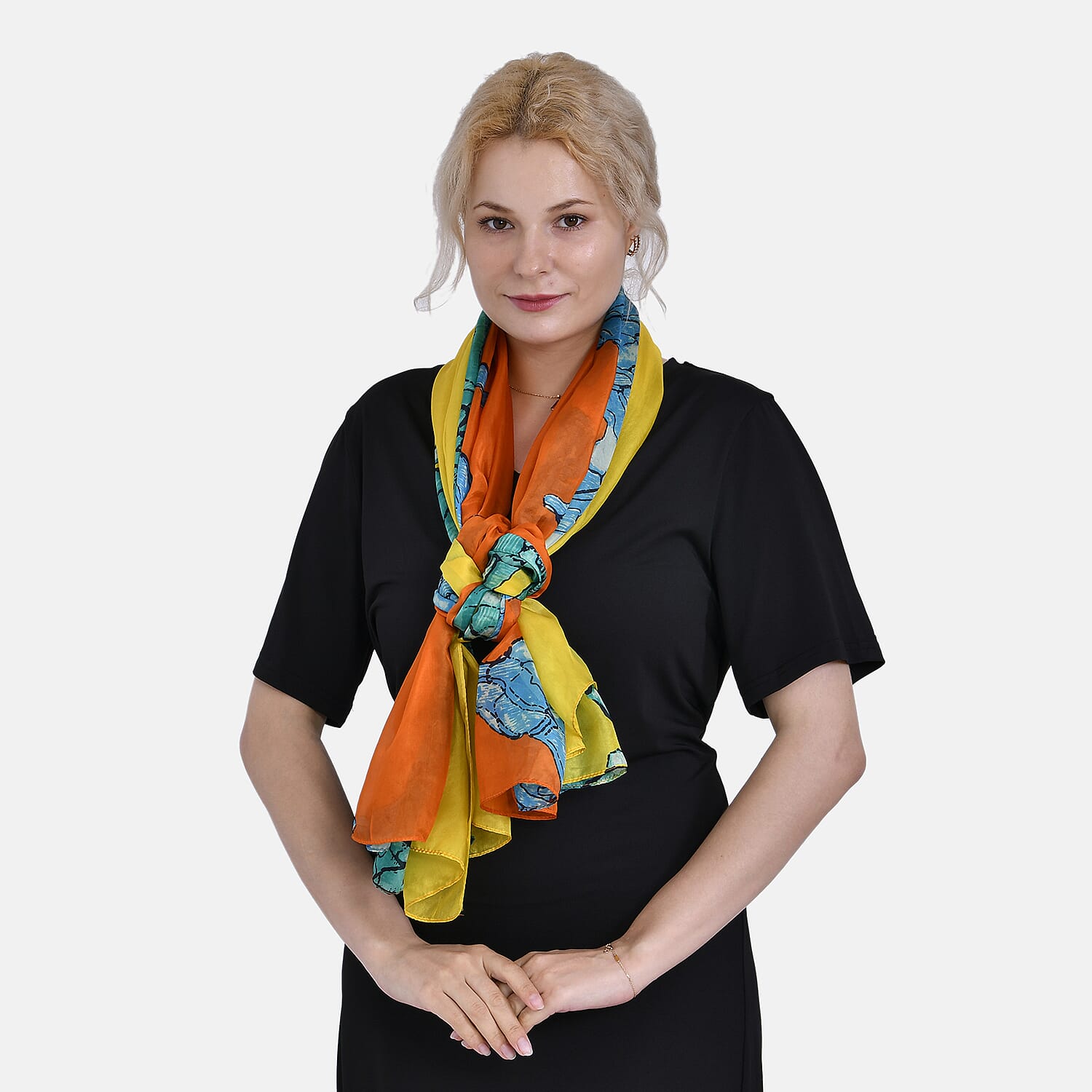 La Marey 100% Mulberry Silk Printed Chiffon Scarf (Size 180x110cm) - Green & Orange