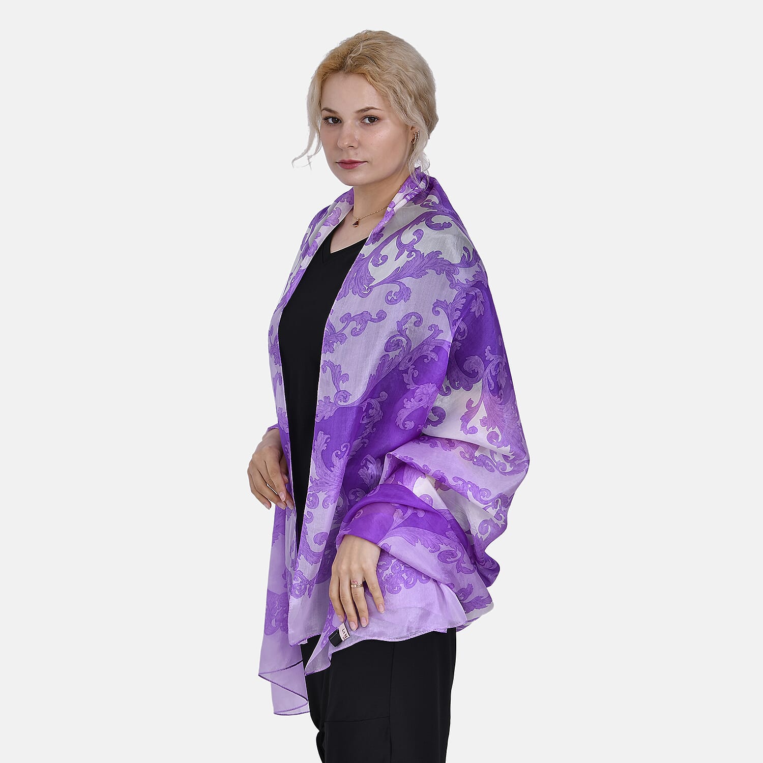 La Marey 100% Mulberry Silk Printed Chiffon Scarf (Size 180x110cm) - Purple & White