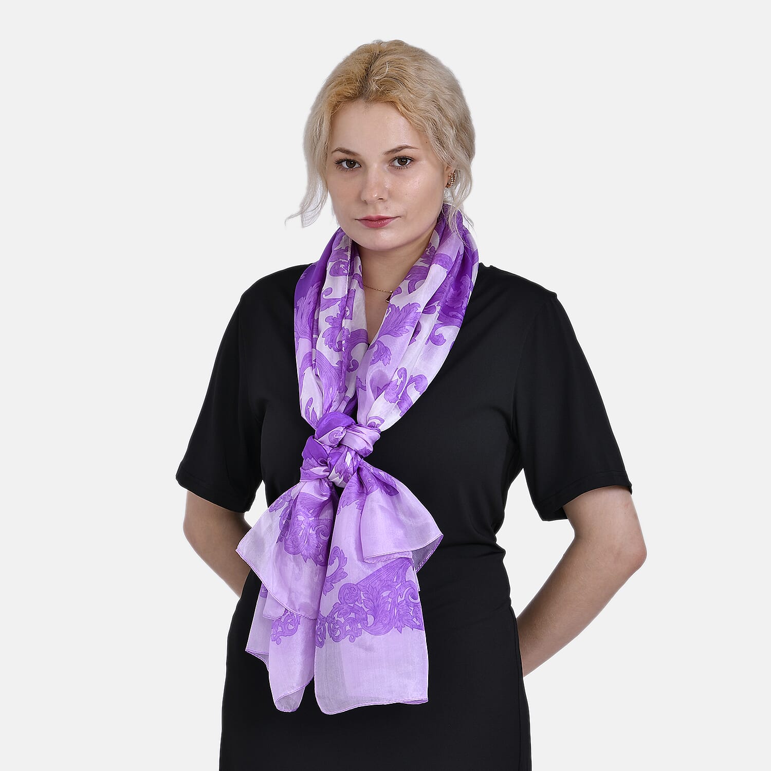 La Marey Mulberry Silk Tie Dye Scarf (Size 110x1 cm) - Purple & White