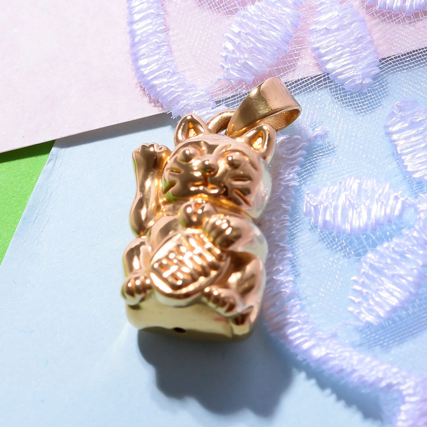 One Time Closeout - 24K Yellow Gold Beckoning Cat Pendant