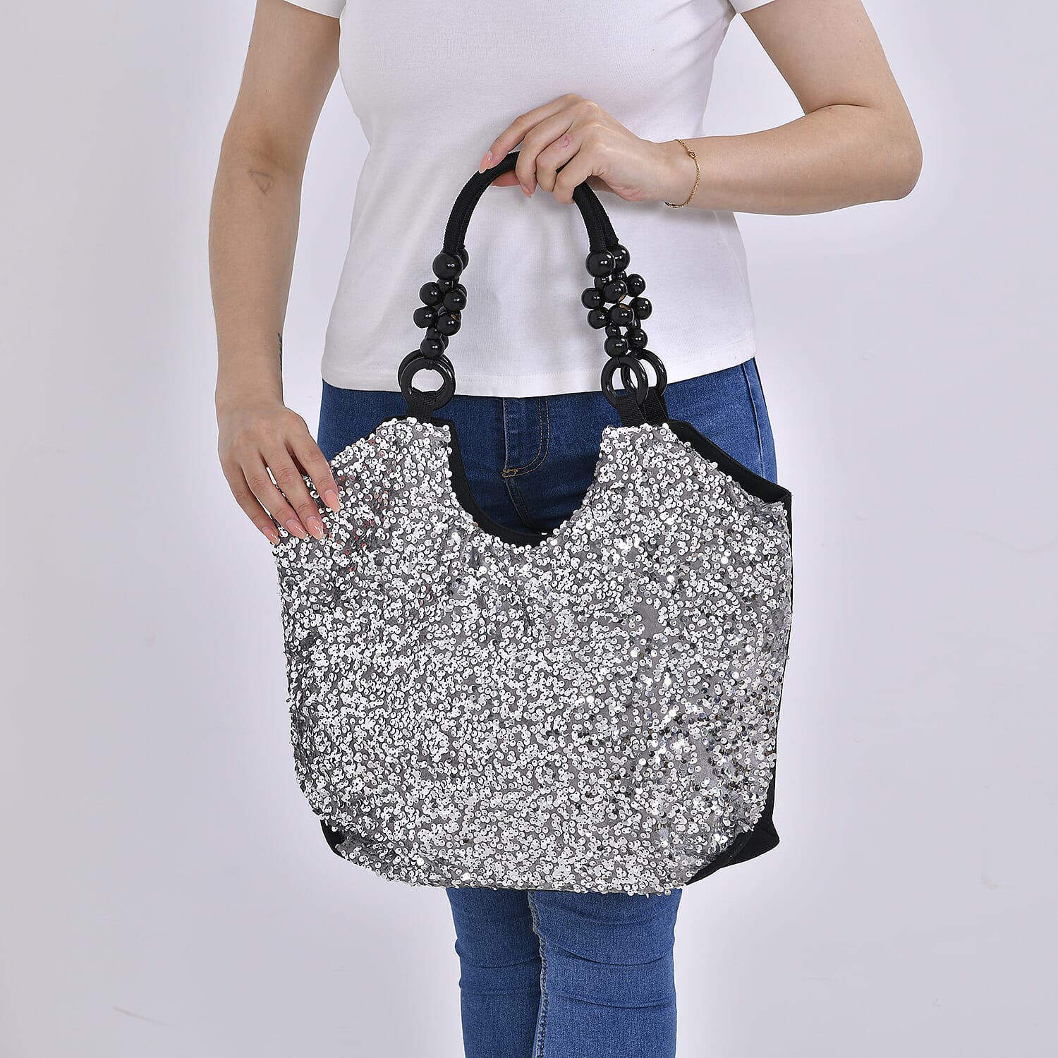 Sparkling Sequin Tote Bag (Size 45x10x36 cm) - Silver
