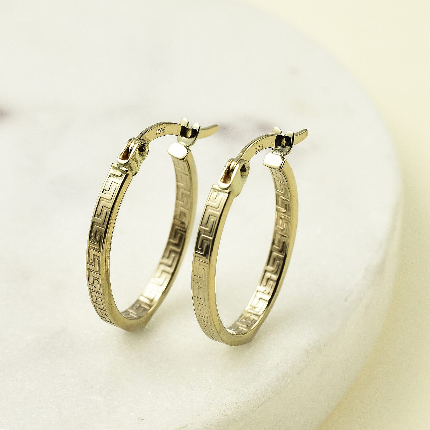 Mega Closeout Buy -9K Yellow Gold Greek Key Hoop Earrings-
