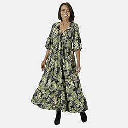 Palm Leaf Printed Shirred Waist Stretch Midi Dress - Black