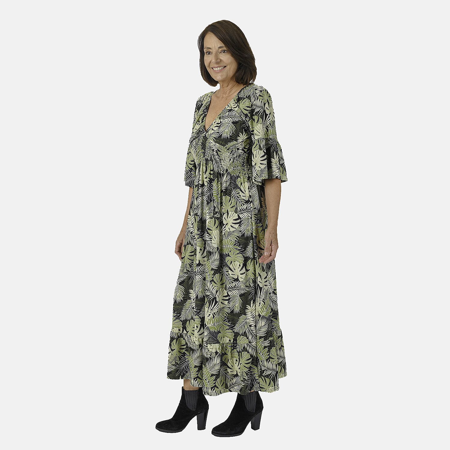 Nova of London Palm Leaf Pattern Shirred Waist Stretch Midi Dress (Size S) - Black