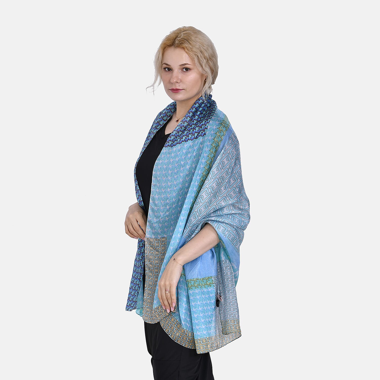 La Marey 100% Mulberry Silk Intricate Ethnic Printed Scarf (Size 180x110 cm) - Blue & White