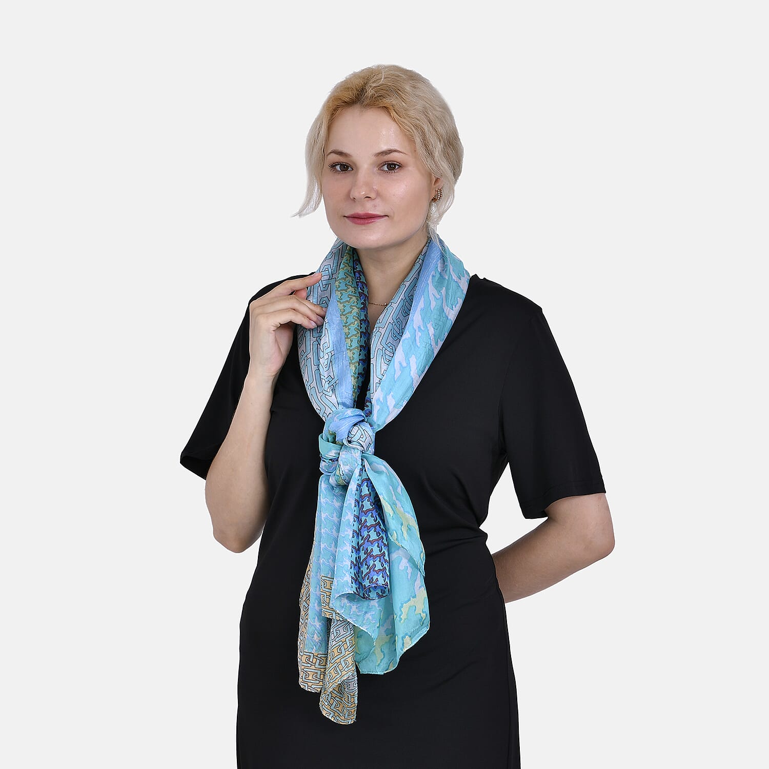 La Marey 100% Mulberry Silk Intricate Ethnic Printed Scarf (Size 180x110 cm) - Blue & White