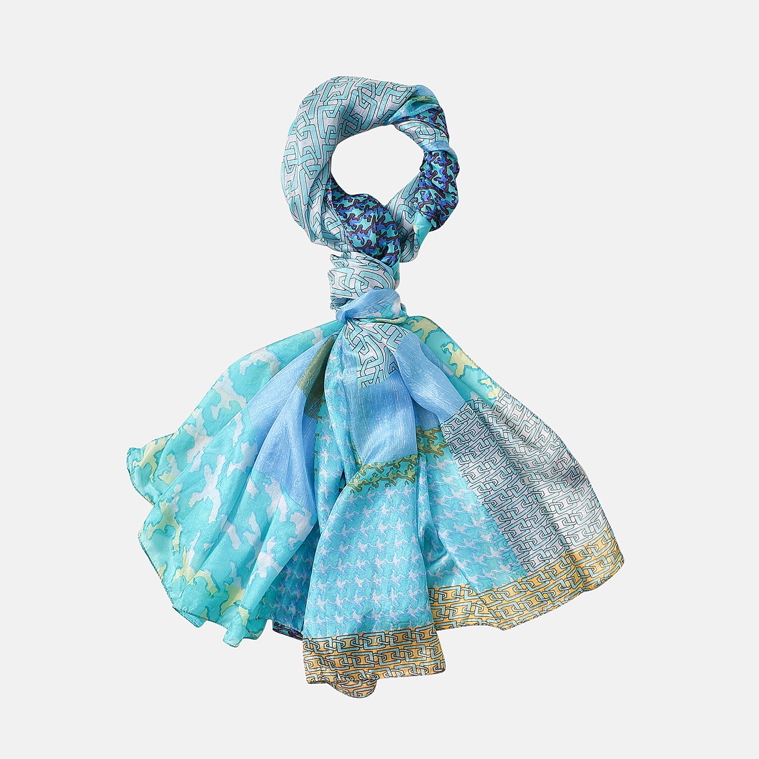 La Marey 100% Mulberry Silk Intricate Ethnic Printed Scarf (Size 180x110 cm) - Blue & White