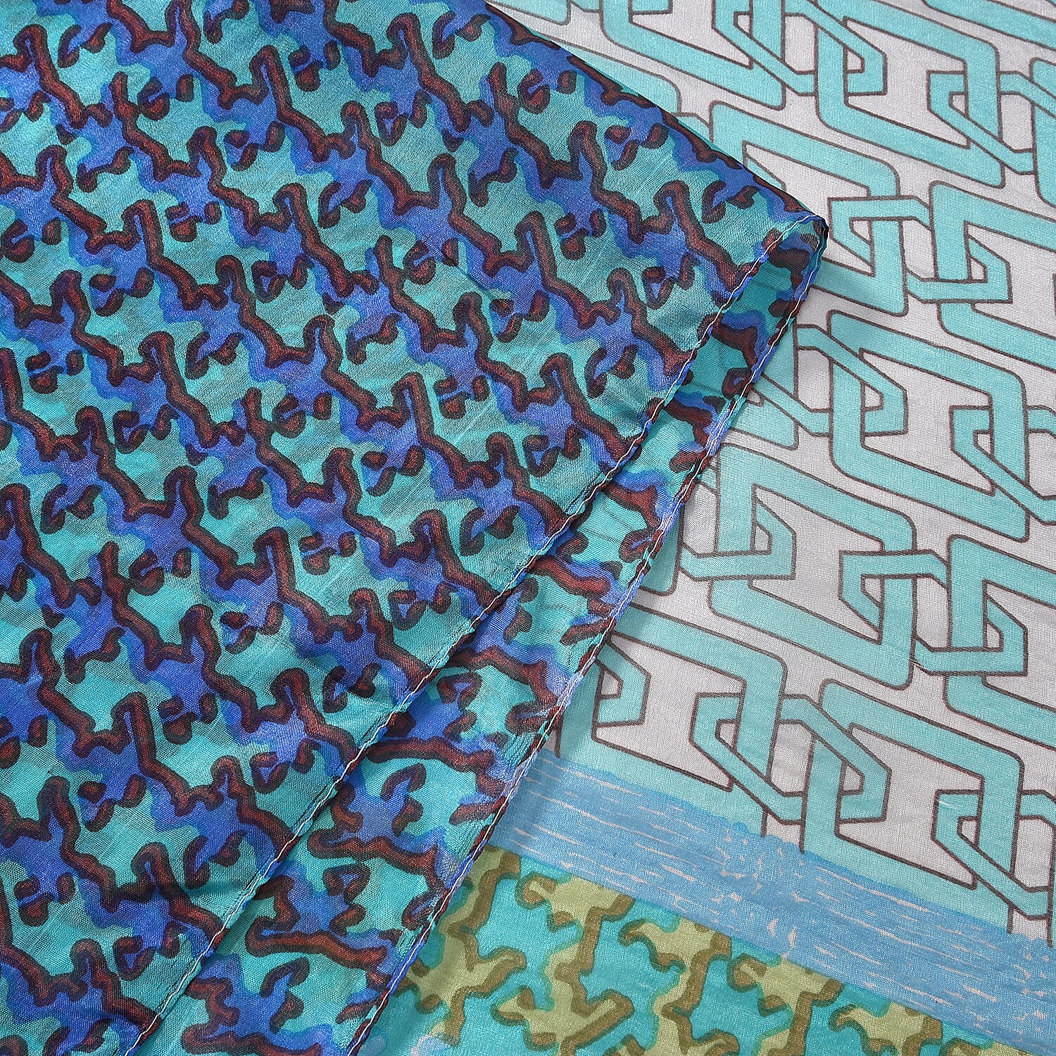 La Marey 100% Mulberry Silk Intricate Ethnic Printed Scarf (Size 180x110 cm) - Blue & White