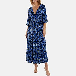 Palm Leaf Printed Shirred Waist Stretch Midi Dress - Black