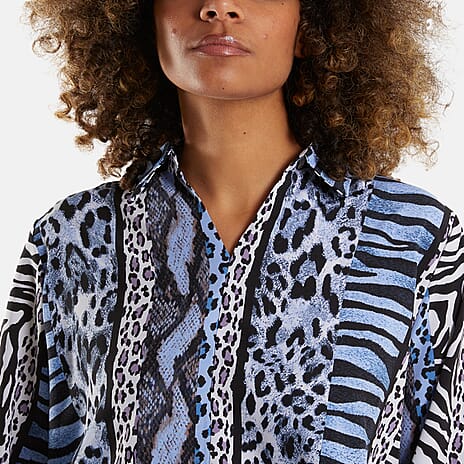 Nova of London Multi Animal Pattern Grandad Collar Shirt (Size M-L) - Blue