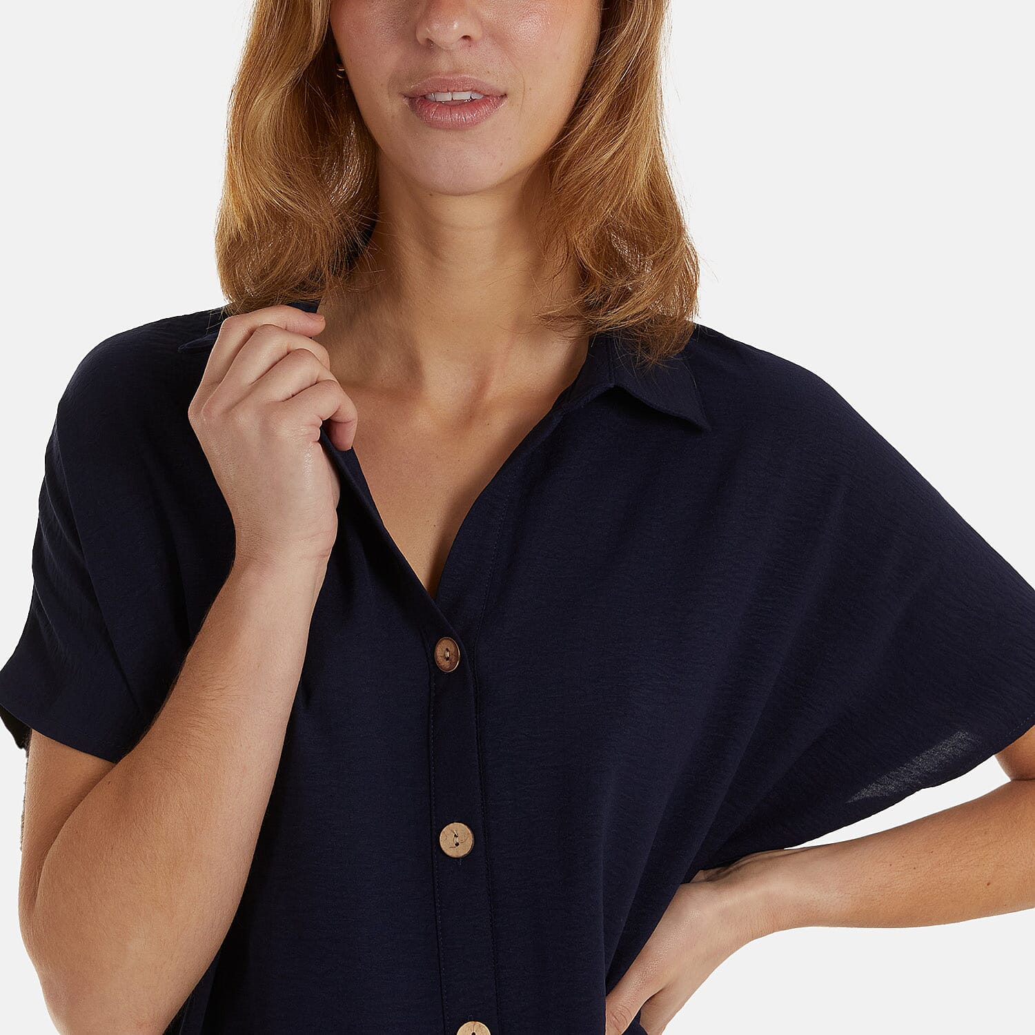 Longline Short Sleeve Button Shirt (One Size) - Navy
