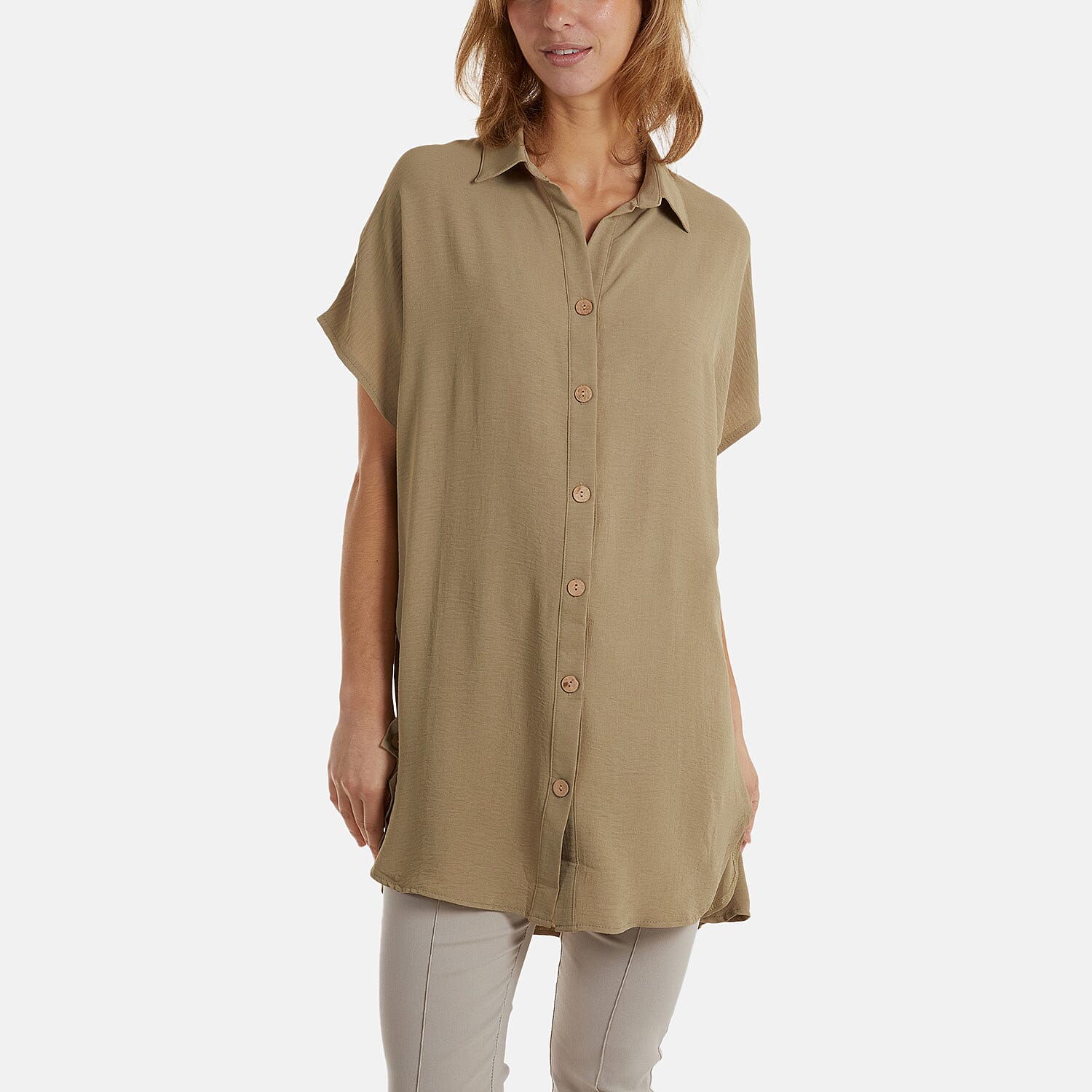 Nova of London Longline Short Sleeve Button Shirt (One Size) - Khaki