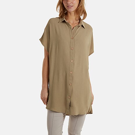 Nova of London Longline Short Sleeve Button Shirt (One Size) - Khaki