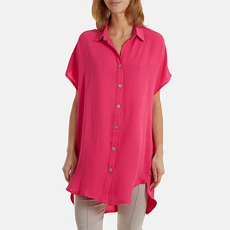 Nova of London Longline Short Sleeve Button Shirt (One Size) - Hot Pink