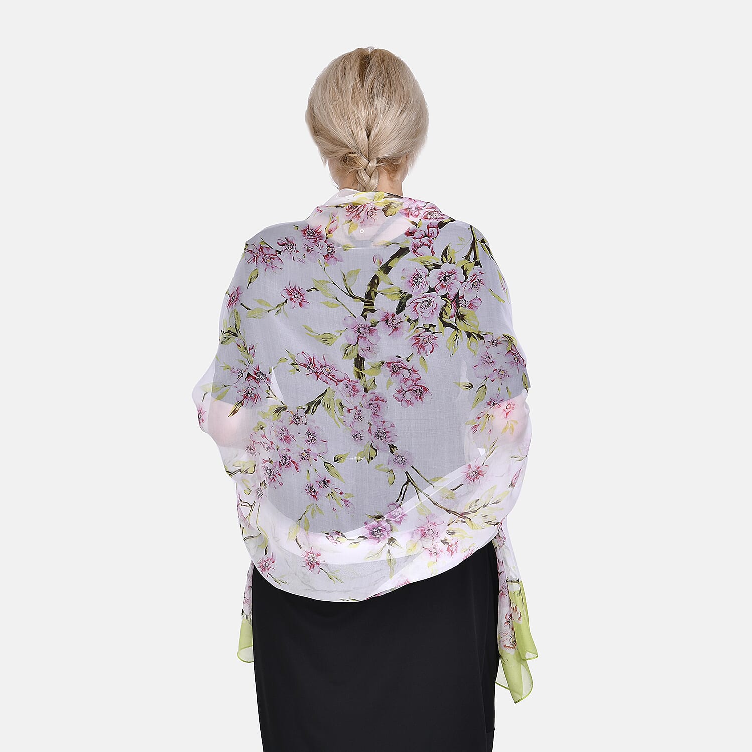 LA MAREY Floral Pattern 100% Mulberry Silk Scarf (Size 180x110cm) - White & Green