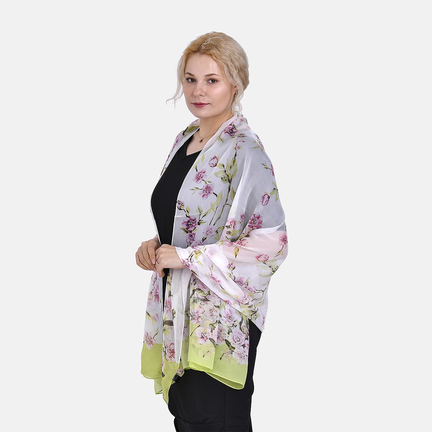 LA MAREY Floral Pattern 100% Mulberry Silk Scarf (Size 180x110cm) - White & Green