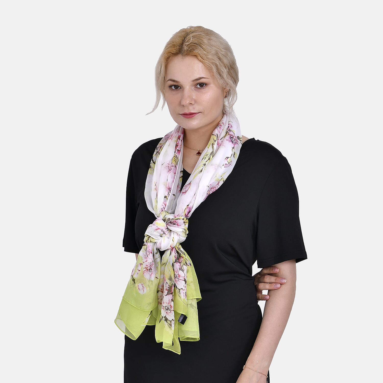 LA MAREY Floral Pattern 100% Mulberry Silk Scarf (Size 180x110cm) - White & Green