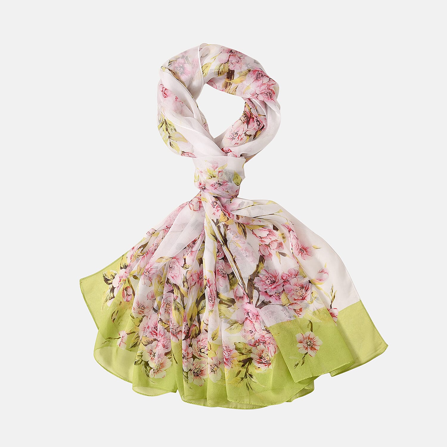 LA MAREY Floral Pattern 100% Mulberry Silk Scarf (Size 180x110cm) - White & Green