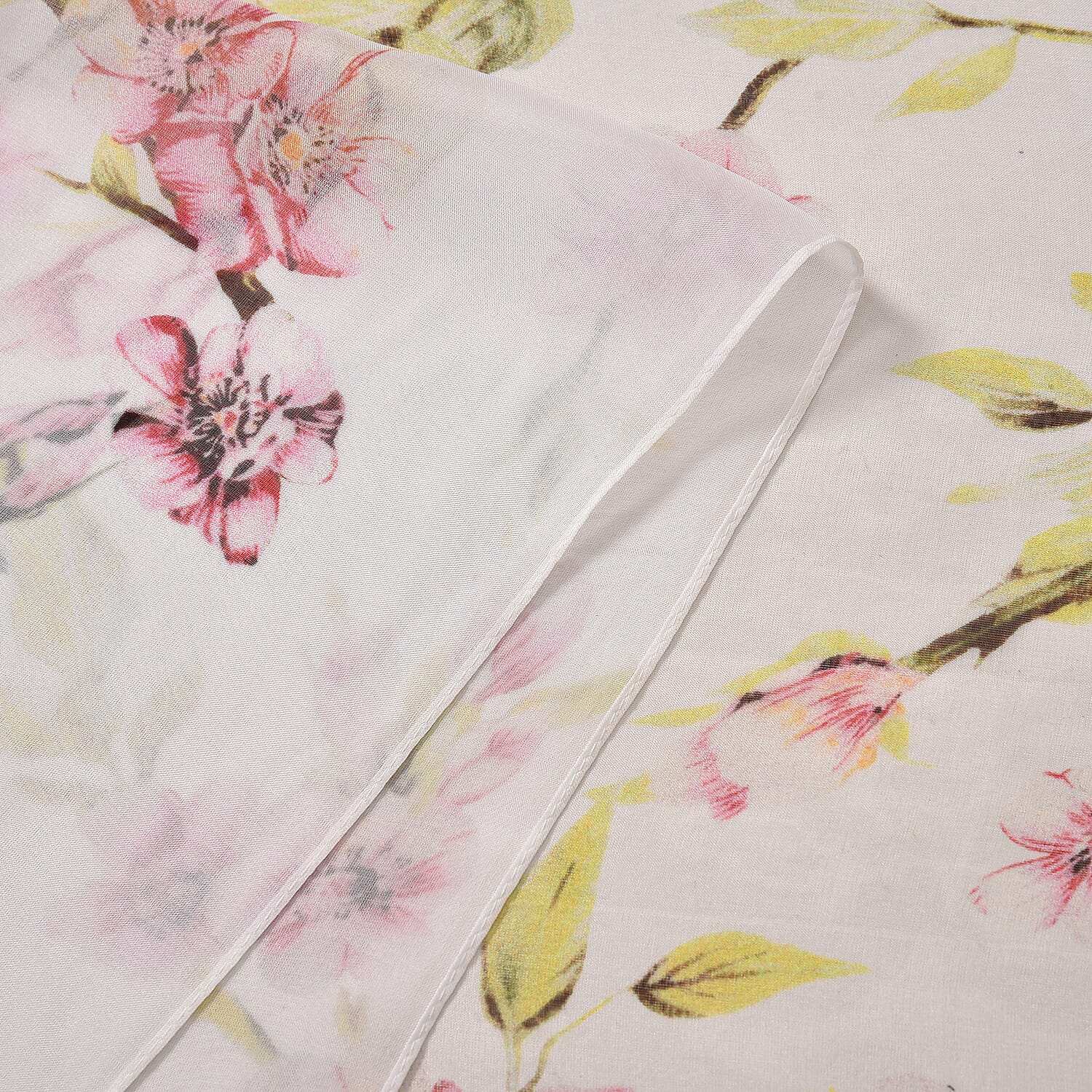 LA MAREY Floral Pattern 100% Mulberry Silk Scarf (Size 180x110cm) - White & Green