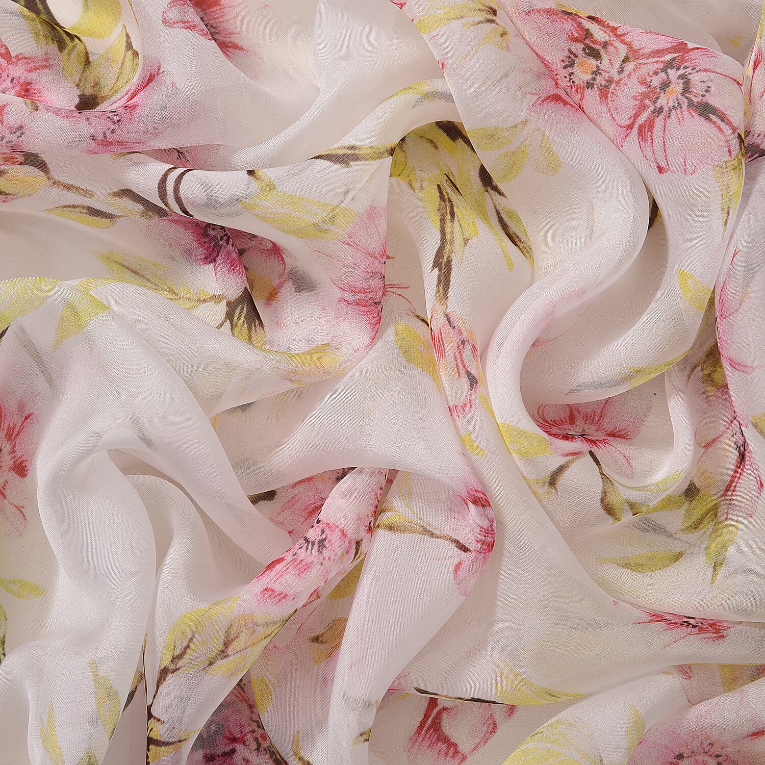 LA MAREY Floral Pattern 100% Mulberry Silk Scarf (Size 180x110cm) - White & Green